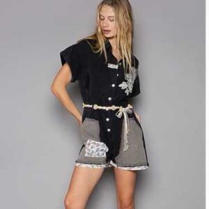 POL Black and Gray Embroidered Patchwork One Piece Size Large